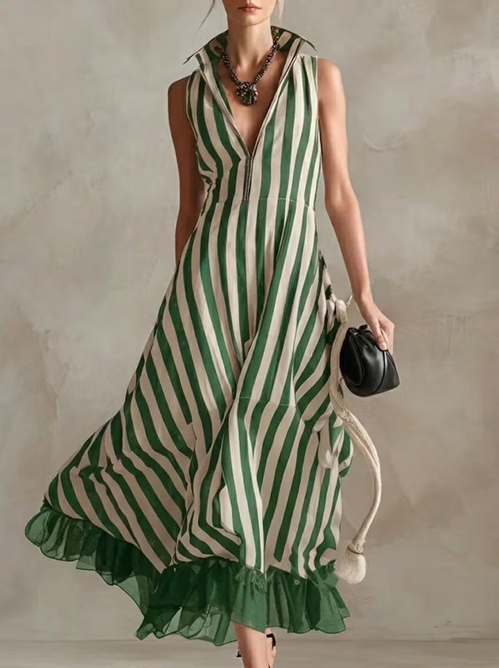 Modern sleeveless striped chiffon dress with patchwork, made of linen and cotton.
