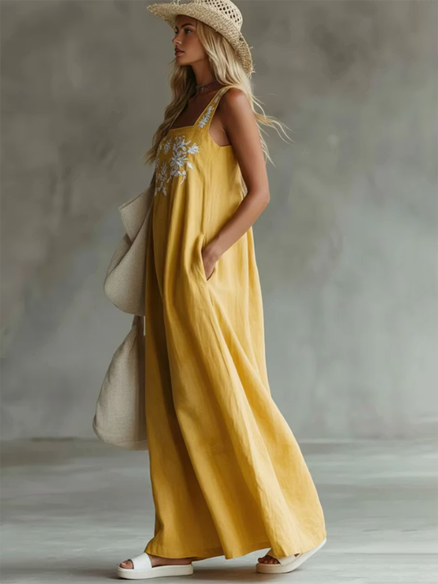 Casual Bohemian Dress with Floral Print in Cotton and Linen