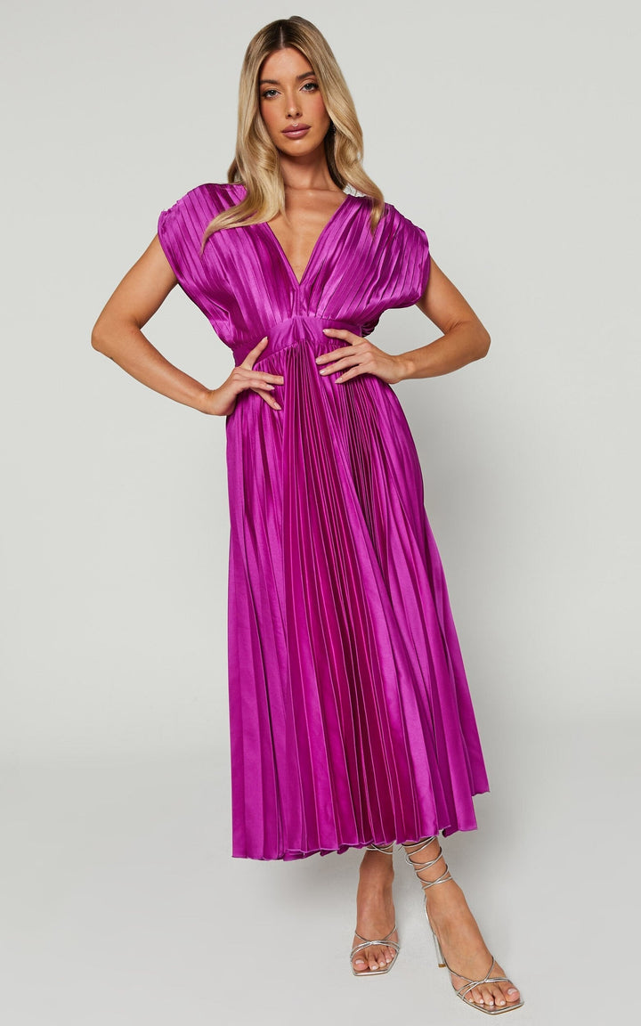 Elegant Satin Pleated V-neck Flowing Midi Dress