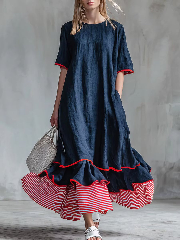 Women's Patchwork Striped Midi Dress – Casual Red Summer Dress