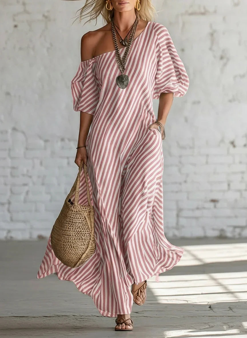 Elegant and Classic Striped Long Dress with Off-Shoulder Design