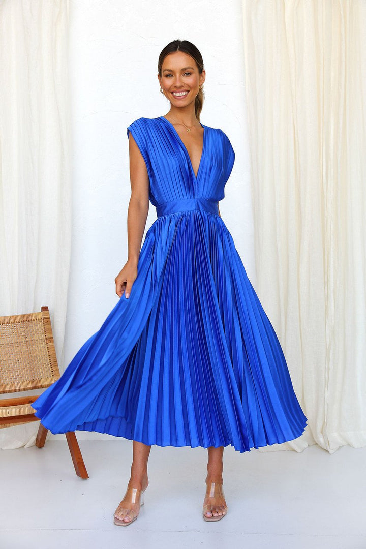 Elegant Satin Pleated V-neck Flowing Midi Dress
