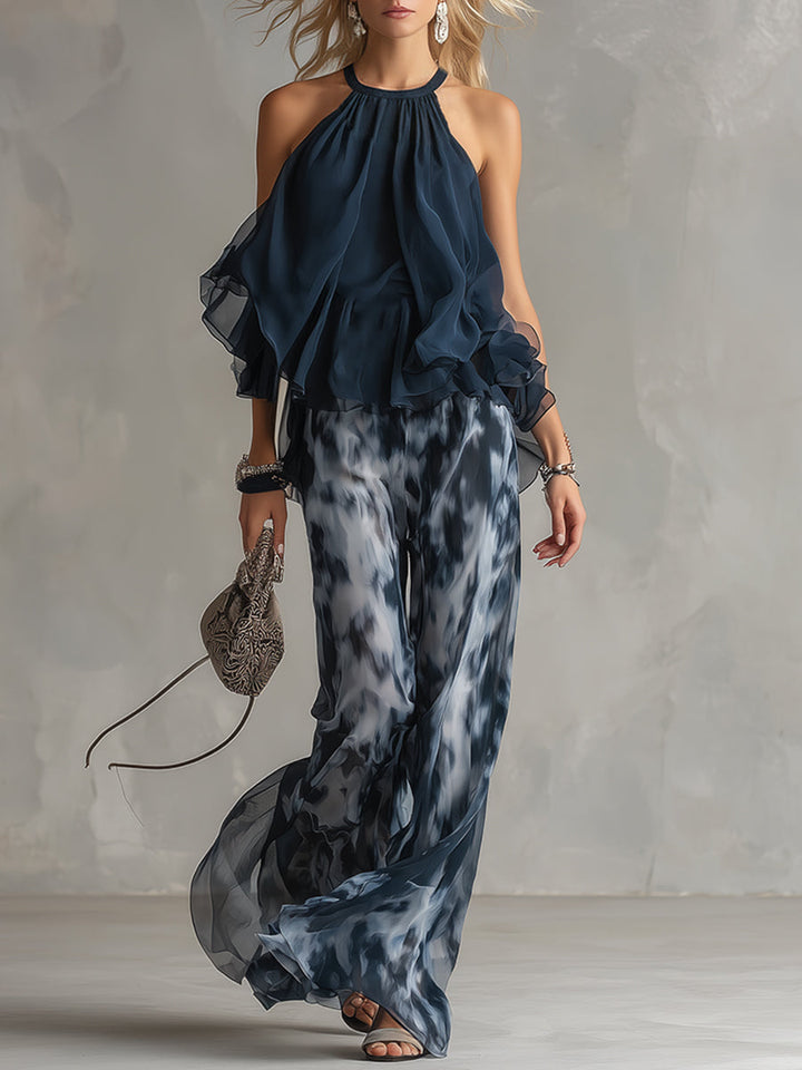 Ludovica - Chiffon set consisting of a high-neck top and wide printed pants