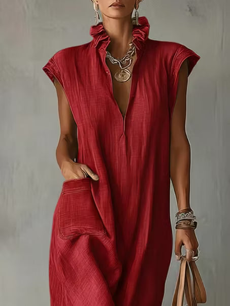 Women's midi dress in cotton and linen with frilled collar – Elegant dress for summer