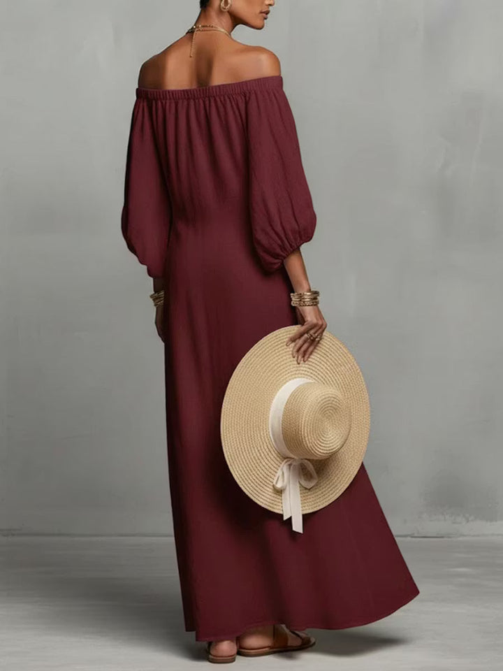 Casual women's linen dress with long sleeves and round neck.