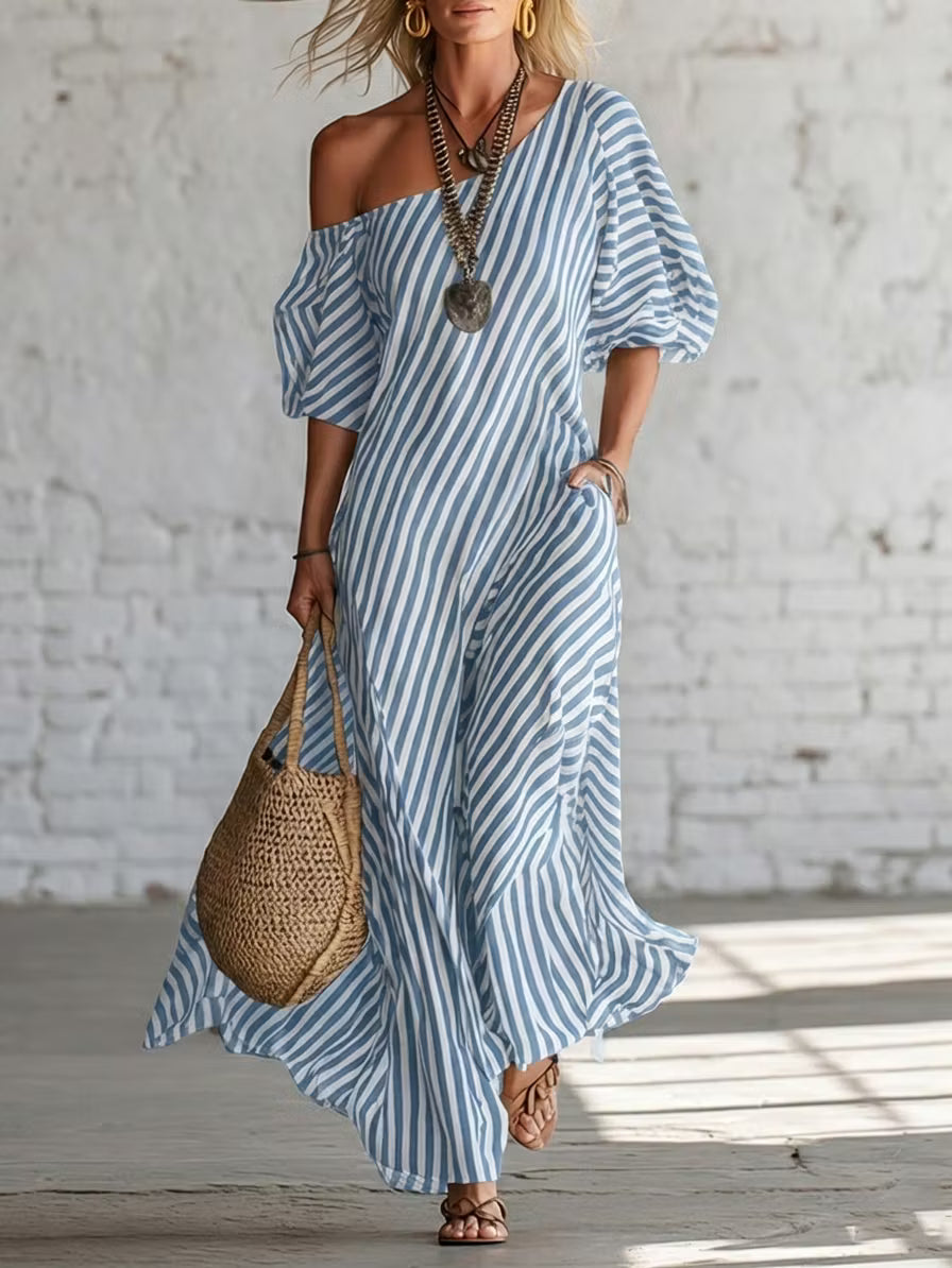 Elegant and Classic Striped Long Dress with Off-Shoulder Design