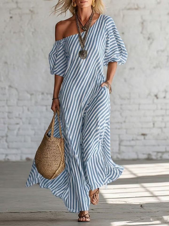 Elegant and Classic Striped Long Dress with Off-Shoulder Design