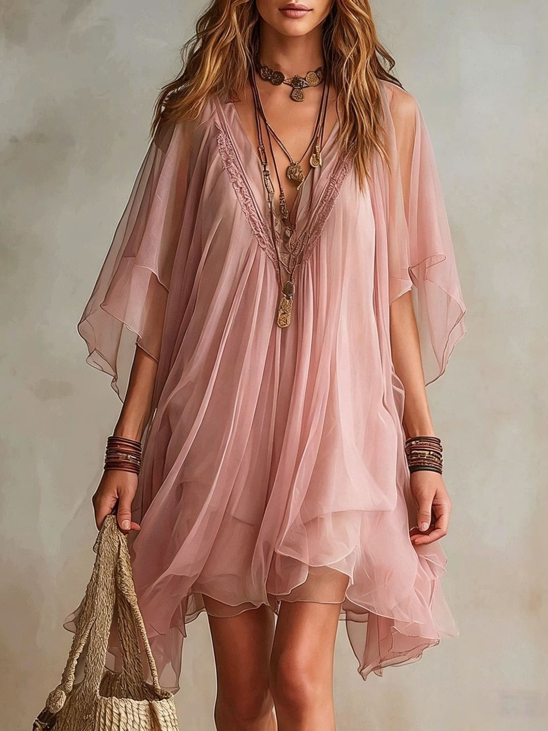 Green Chiffon V-neck Layered Flowy Mini Dress
