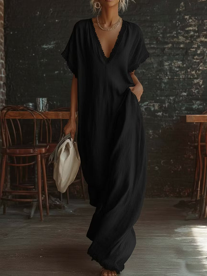 Elegant and cozy long dress made of linen and cotton with lace details.