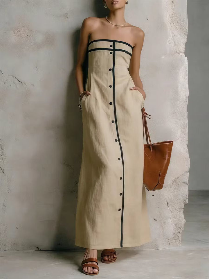 Simple Striped Strapless Women's Dress in Cotton and Linen