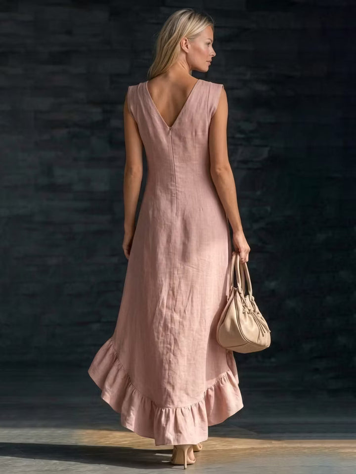 Romantic long linen and cotton dress with V-neck and gathered hem
