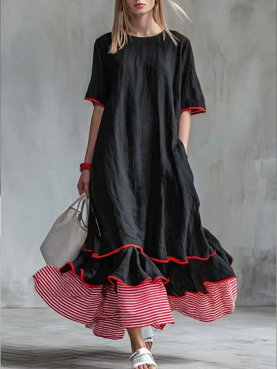 Women's Patchwork Striped Midi Dress – Casual Red Summer Dress