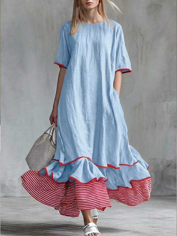 Women's Patchwork Striped Midi Dress – Casual Red Summer Dress