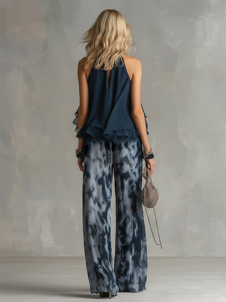 Ludovica - Chiffon set consisting of a high-neck top and wide printed pants