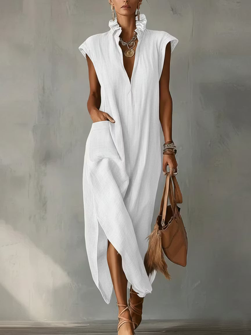 Women's midi dress in cotton and linen with frilled collar – Elegant dress for summer