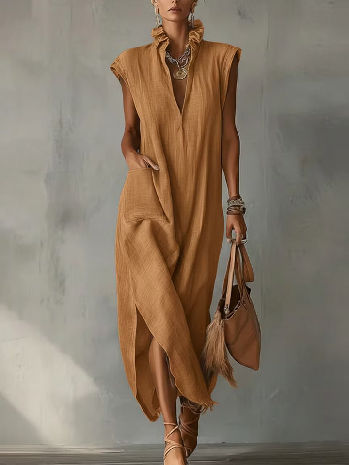 Women's midi dress in cotton and linen with frilled collar – Elegant dress for summer