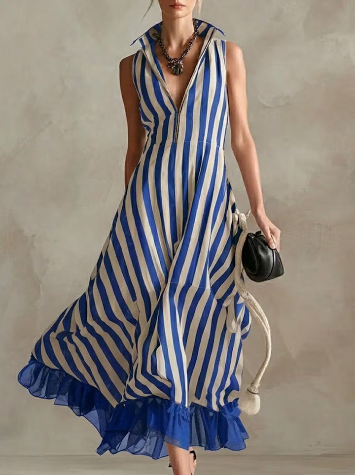 Modern sleeveless striped chiffon dress with patchwork, made of linen and cotton.