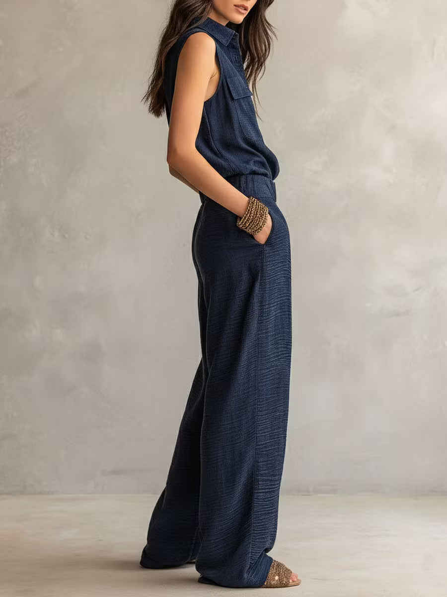 Utility Jumpsuit with Belt in Slate Gray Textured Boho Midnight Style