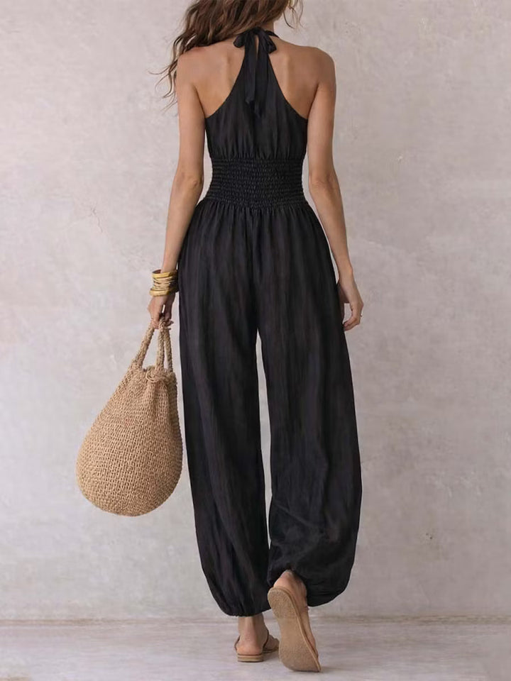 Bohemian Jumpsuit with Halter Neck and Puff Legs