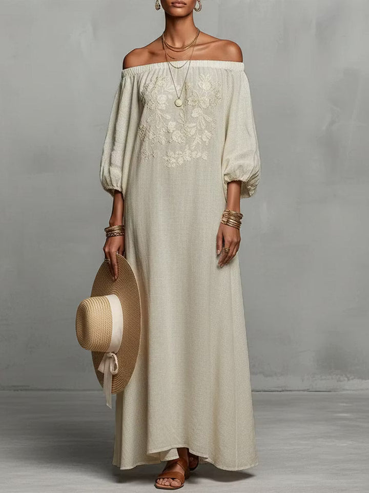 Casual women's linen dress with long sleeves and round neck.