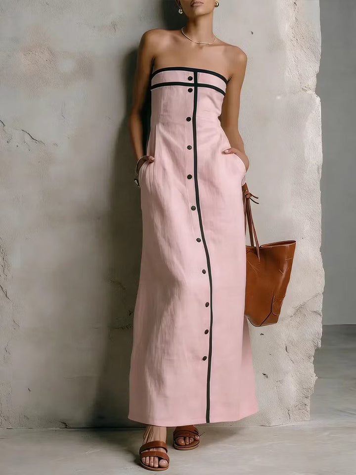 Simple Striped Strapless Women's Dress in Cotton and Linen