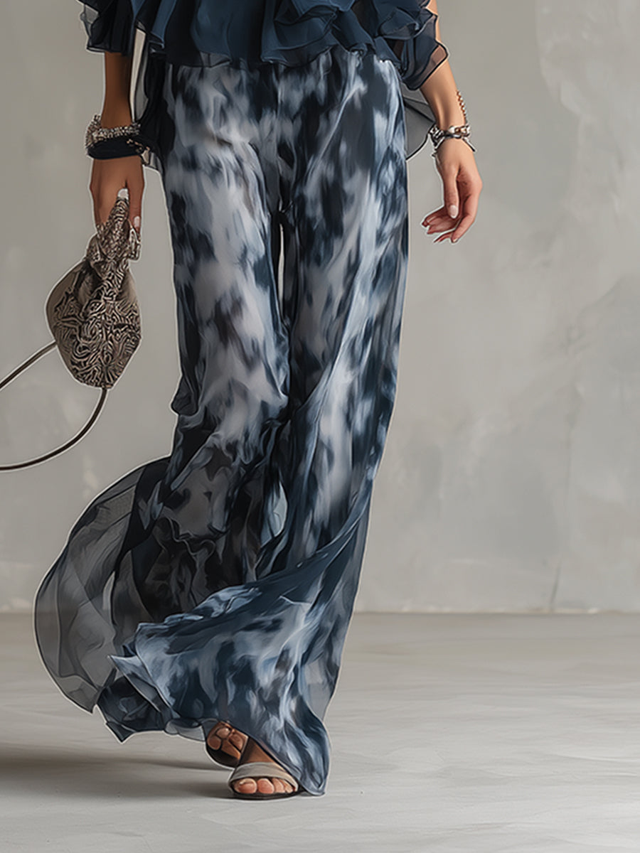 Ludovica - Chiffon set consisting of a high-neck top and wide printed pants
