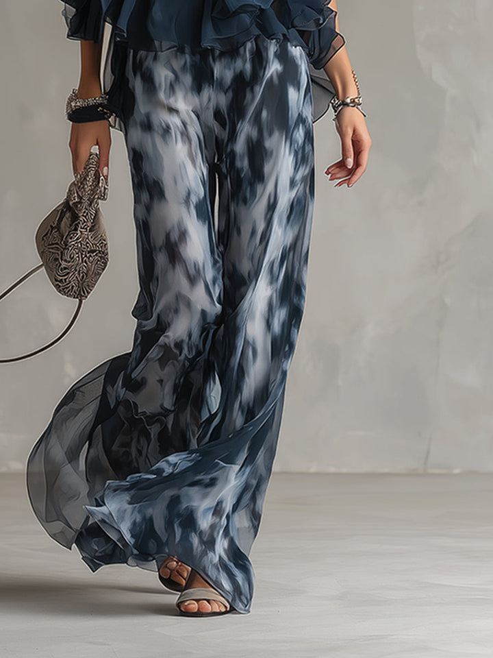 Ludovica - Chiffon set consisting of a high-neck top and wide printed pants