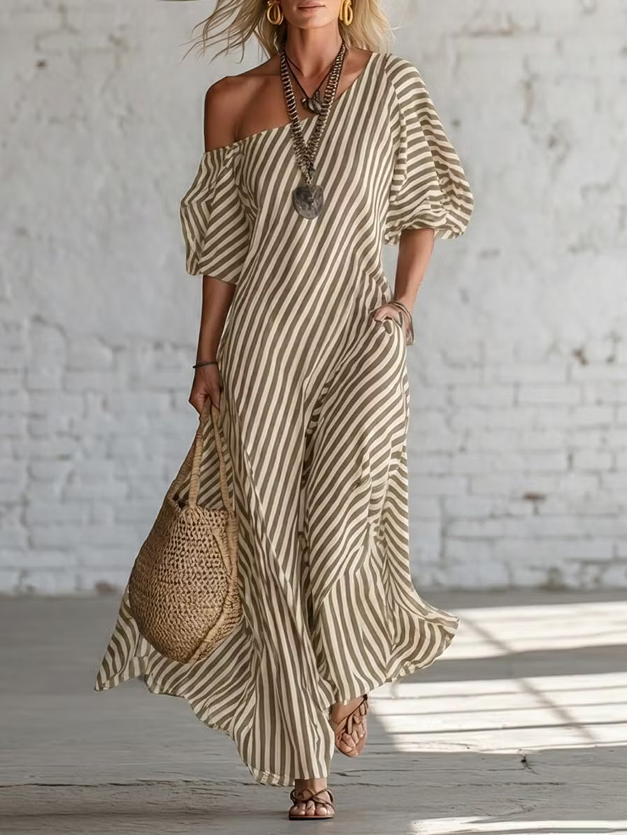 Elegant and Classic Striped Long Dress with Off-Shoulder Design