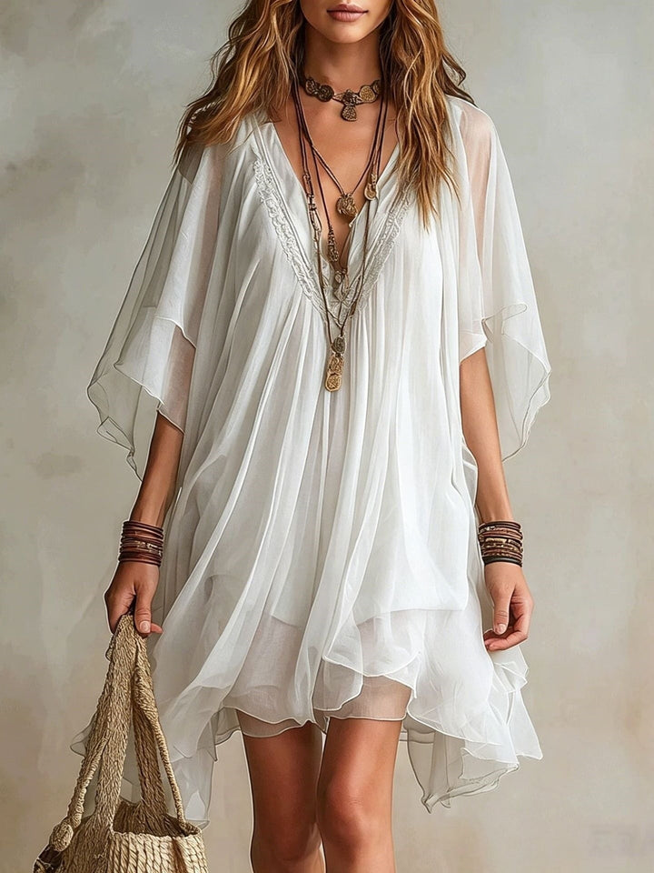 Green Chiffon V-neck Layered Flowy Mini Dress