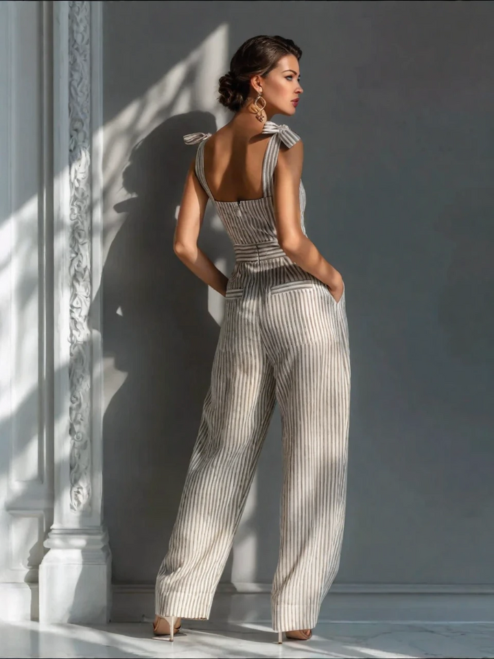 Beige Striped Linen Jumpsuit with Ties and Wide Leg