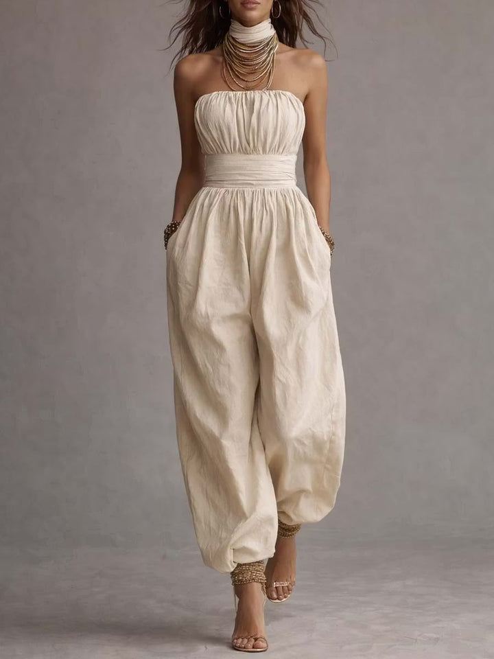 Boho Cotton Strapless Jumpsuit with Balloon Legs
