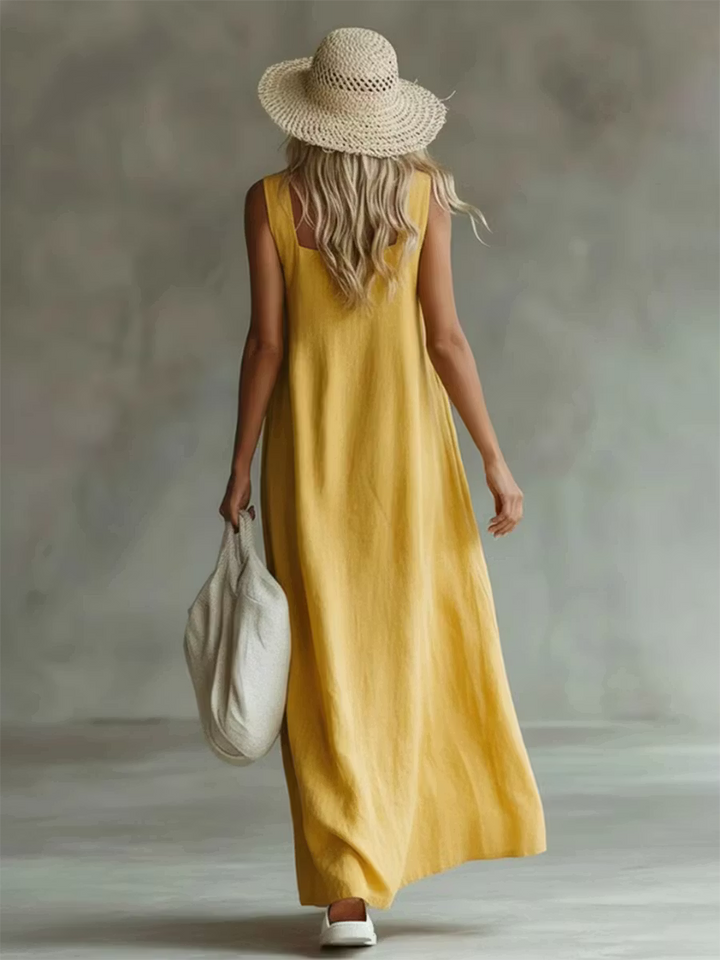 Casual Bohemian Dress with Floral Print in Cotton and Linen