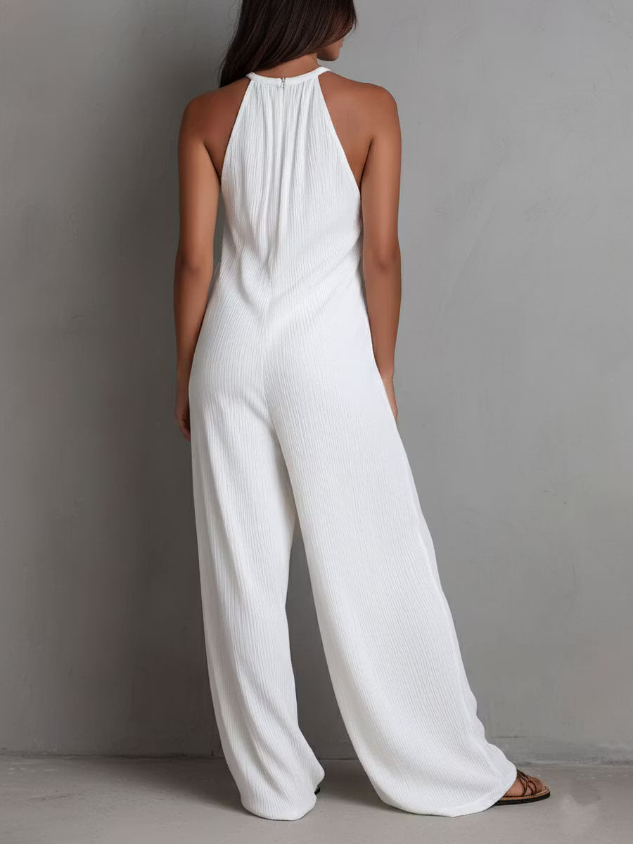 White Pleated Resort Jumpsuit with Halter Neck and Wide Legs