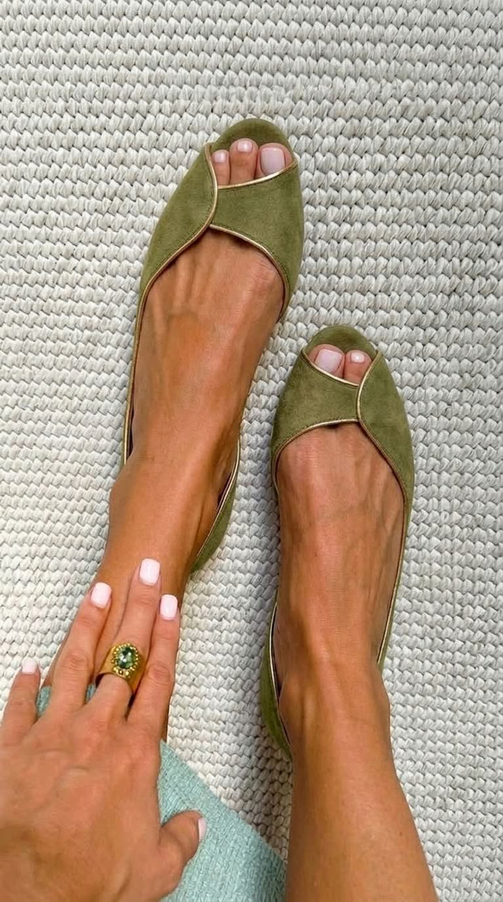Open Toe D'Orsay Ballet Flats in Beige Suede and Gold