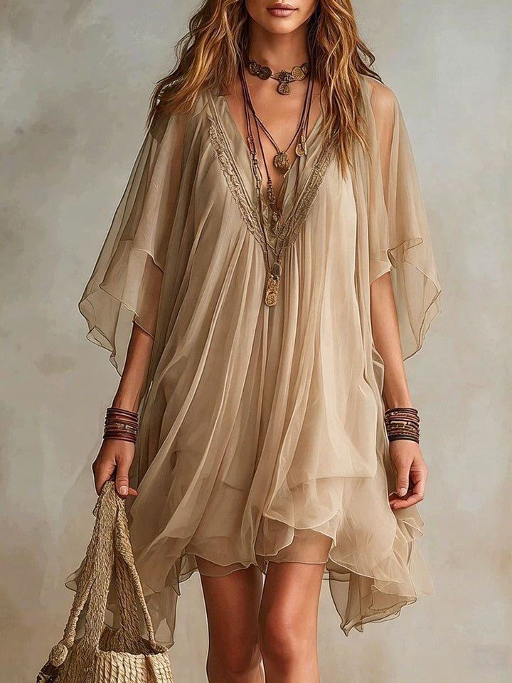 Green Chiffon V-neck Layered Flowy Mini Dress