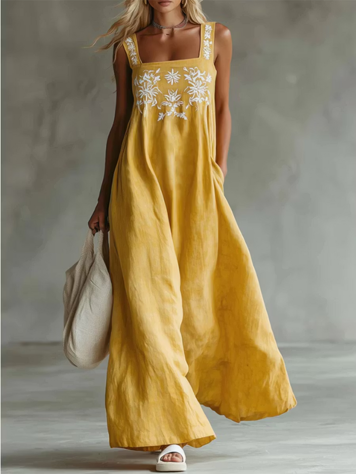 Casual Bohemian Dress with Floral Print in Cotton and Linen