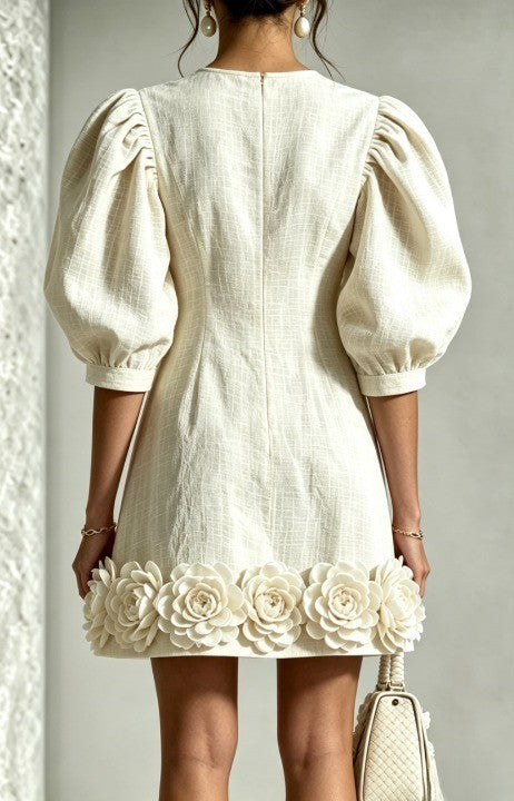 White 3D Floral Puff-Sleeve Cotton-Linen Mini Dress