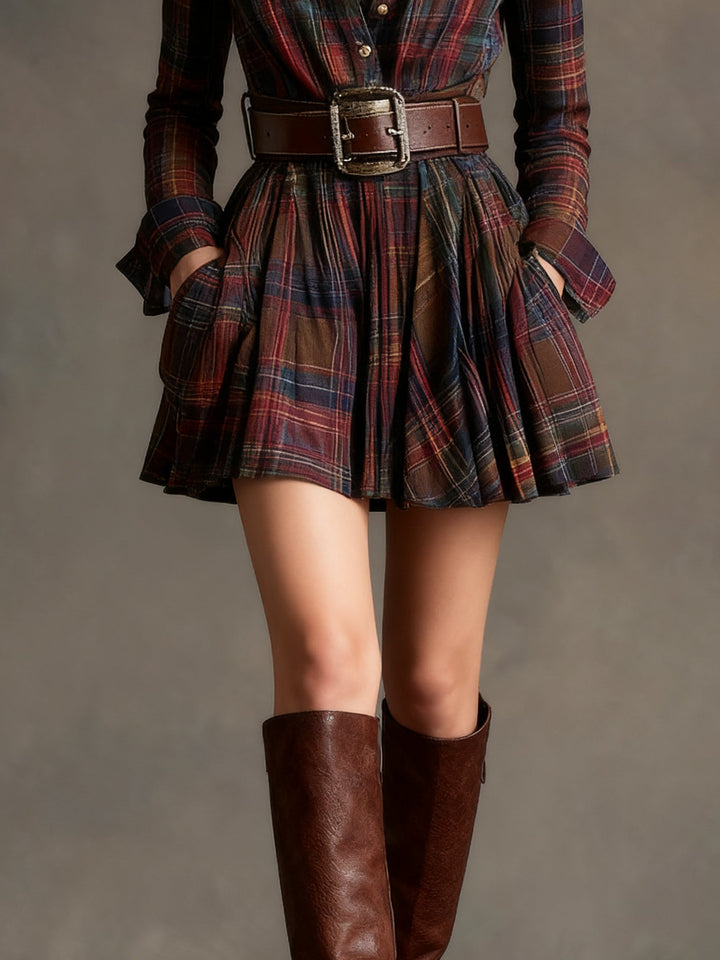 Vintage Lapel Red and Brown Plaid Mini Dress (Includes belt)
