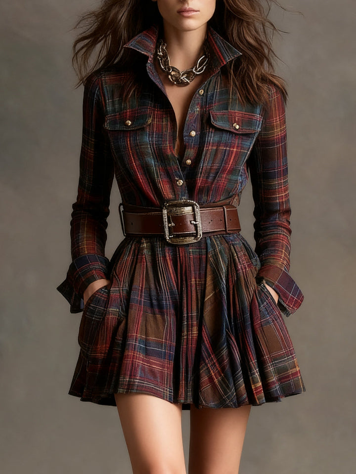 Vintage Lapel Red and Brown Plaid Mini Dress (Includes belt)