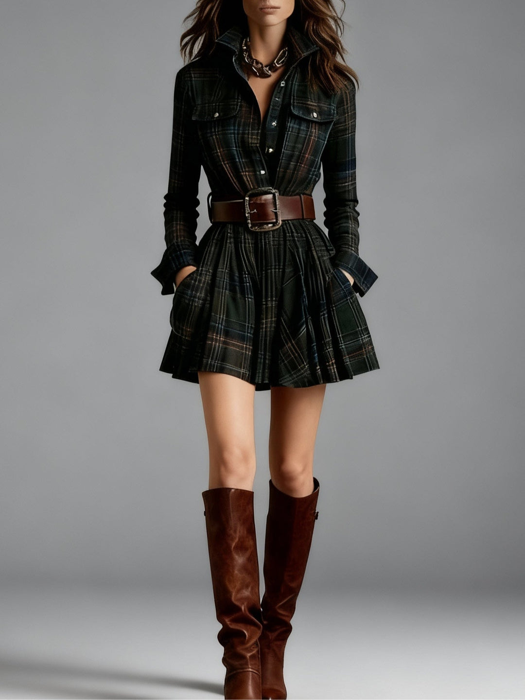 Vintage Lapel Red and Brown Plaid Mini Dress (Includes belt)