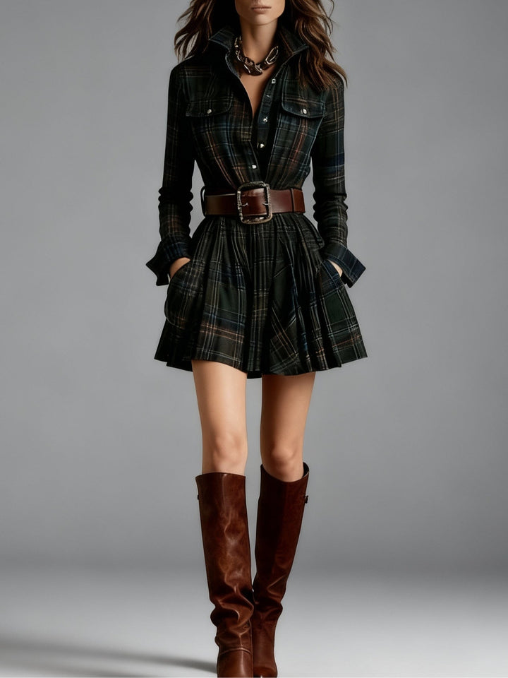 Vintage Lapel Red and Brown Plaid Mini Dress (Includes belt)