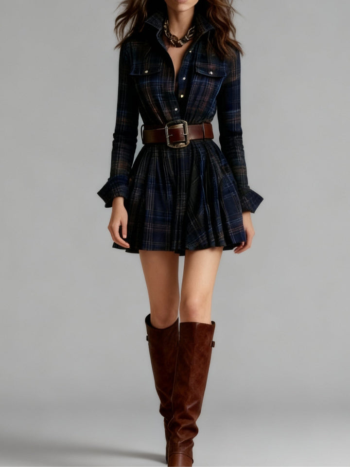 Vintage Lapel Red and Brown Plaid Mini Dress (Includes belt)