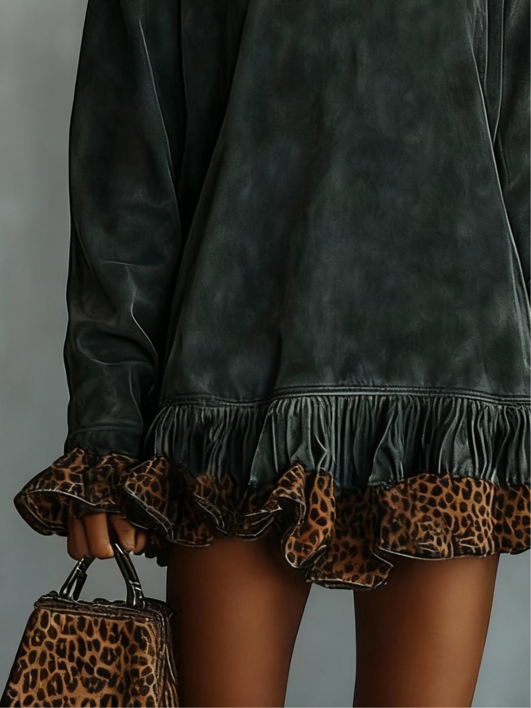 Turtleneck Suede Leopard Print Paneled Hem Mini Dress