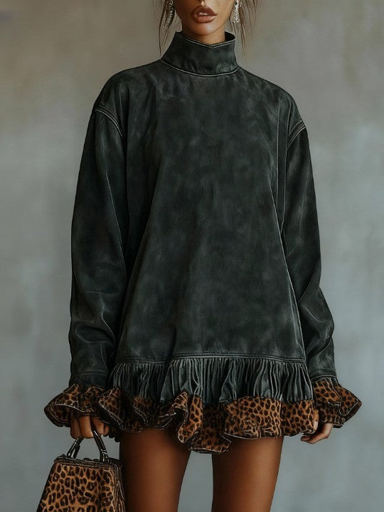 Turtleneck Suede Leopard Print Paneled Hem Mini Dress