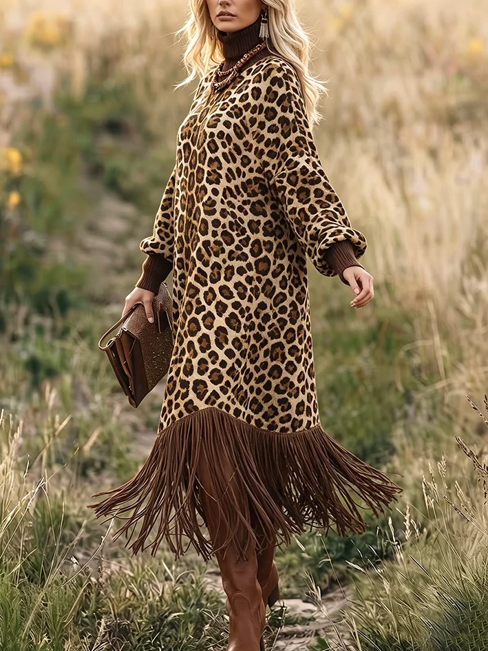 Leopard Print Fringe Hem Long Sleeve Midi Dress
