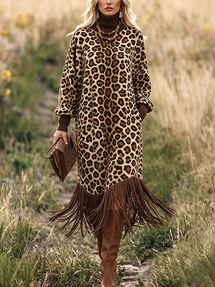 Leopard Print Fringe Hem Long Sleeve Midi Dress