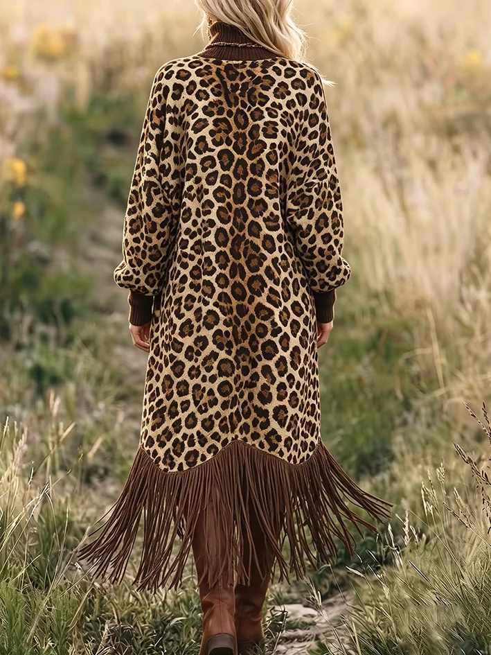 Leopard Print Fringe Hem Long Sleeve Midi Dress