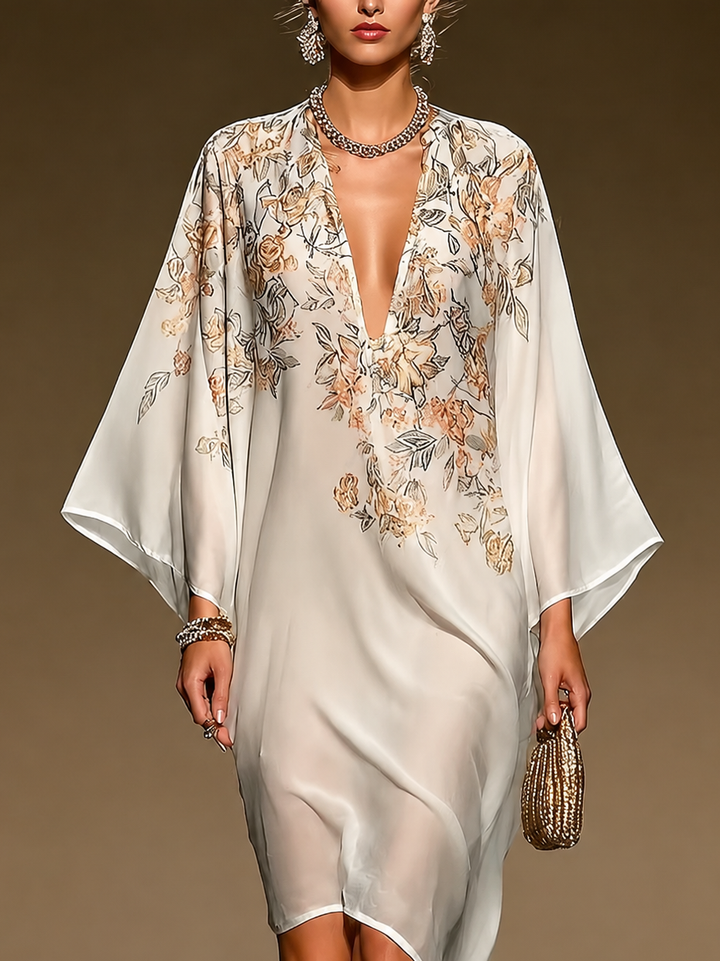 Beige Floral Print Chiffon Caftan Dress Deep V Neck Batwing Sleeve Asymmetric Hem Flowy Midi Dress