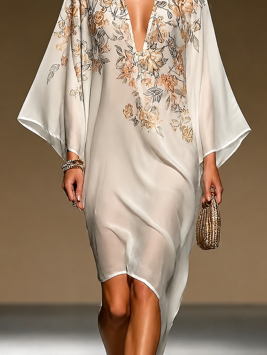 Beige Floral Print Chiffon Caftan Dress Deep V Neck Batwing Sleeve Asymmetric Hem Flowy Midi Dress